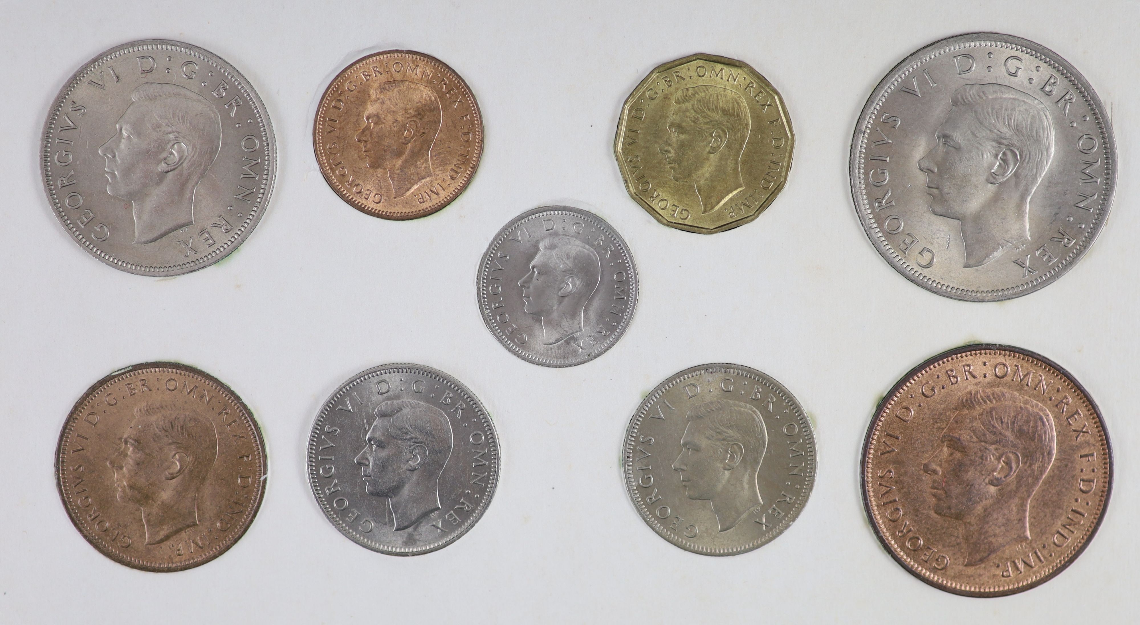 George VI specimen coin sets for 1947 and 1948, first issue, including 1948 brass threepence (S4112), good EF